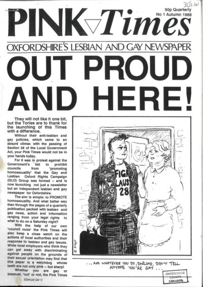 The front page of the PINK Times newspaper from 1988, with the headline OUT PROUD AND HERE!