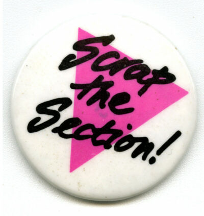 White badge with a pink triangle and the words 'scrap the section!' written on it